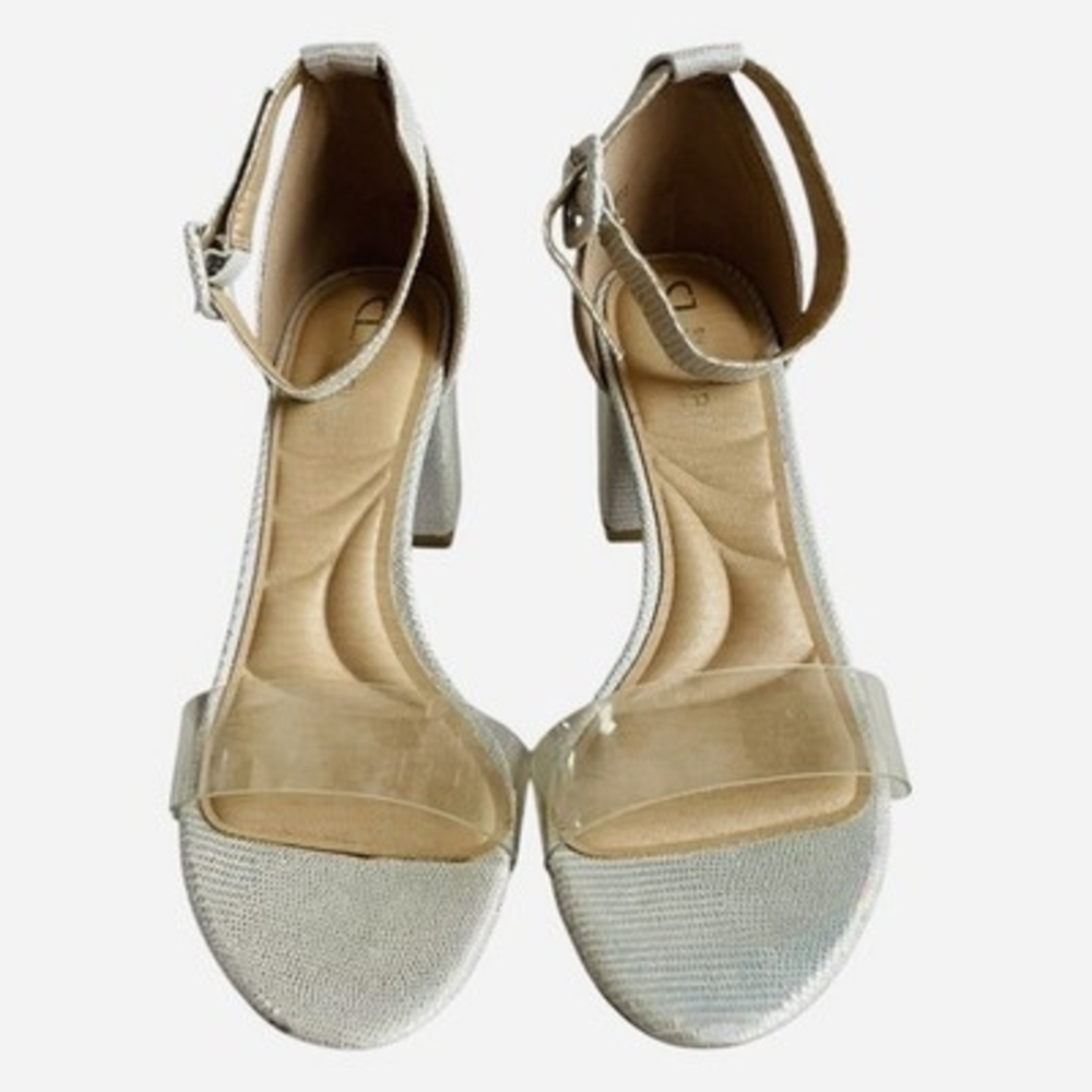 CL Chinese Laundry Jazz Clear Silver Iridescent Vinyl Block Heel Sandal Sz 7 NIB - Picture 3 of 8